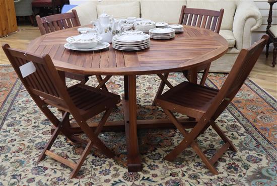 A teak hexagonal garden table and four John Lewis folding garden chairs 150cm